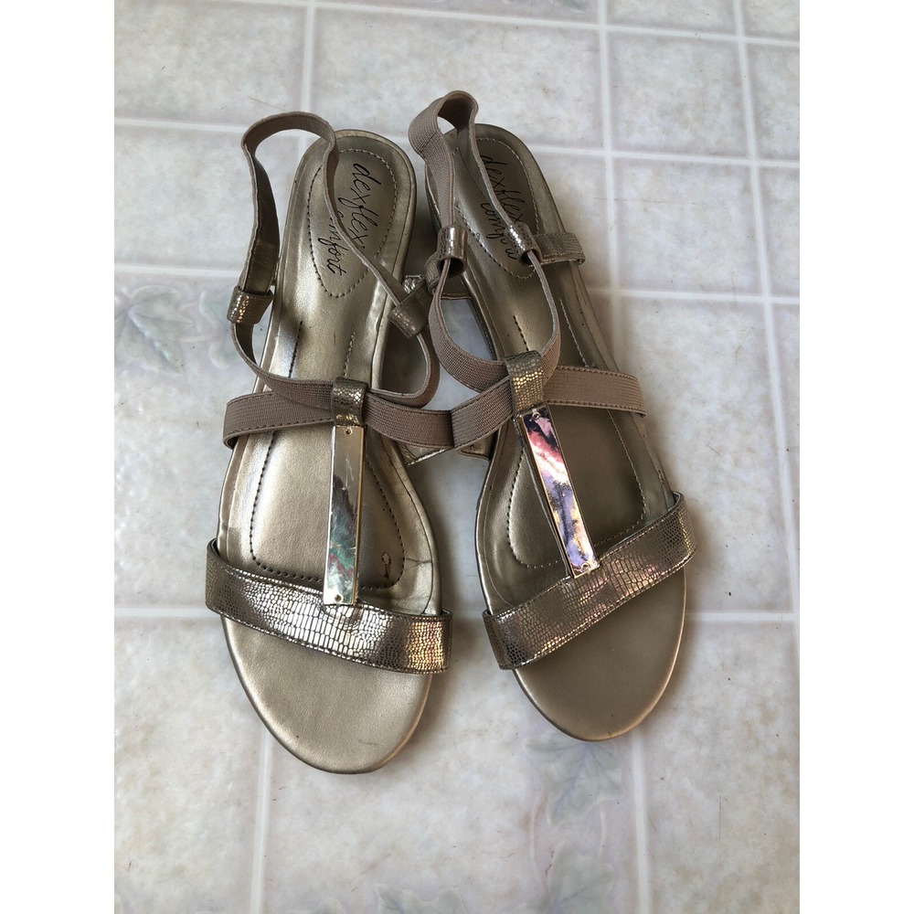 Dex Flex Comfort Gold Bar Front Cork Bottom Look Wedge Heel Sandal Size 9.5